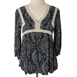 Artesia Paisely Print Multicolor V-Neck Shirt S Bohemian Peasant Crochet Detail